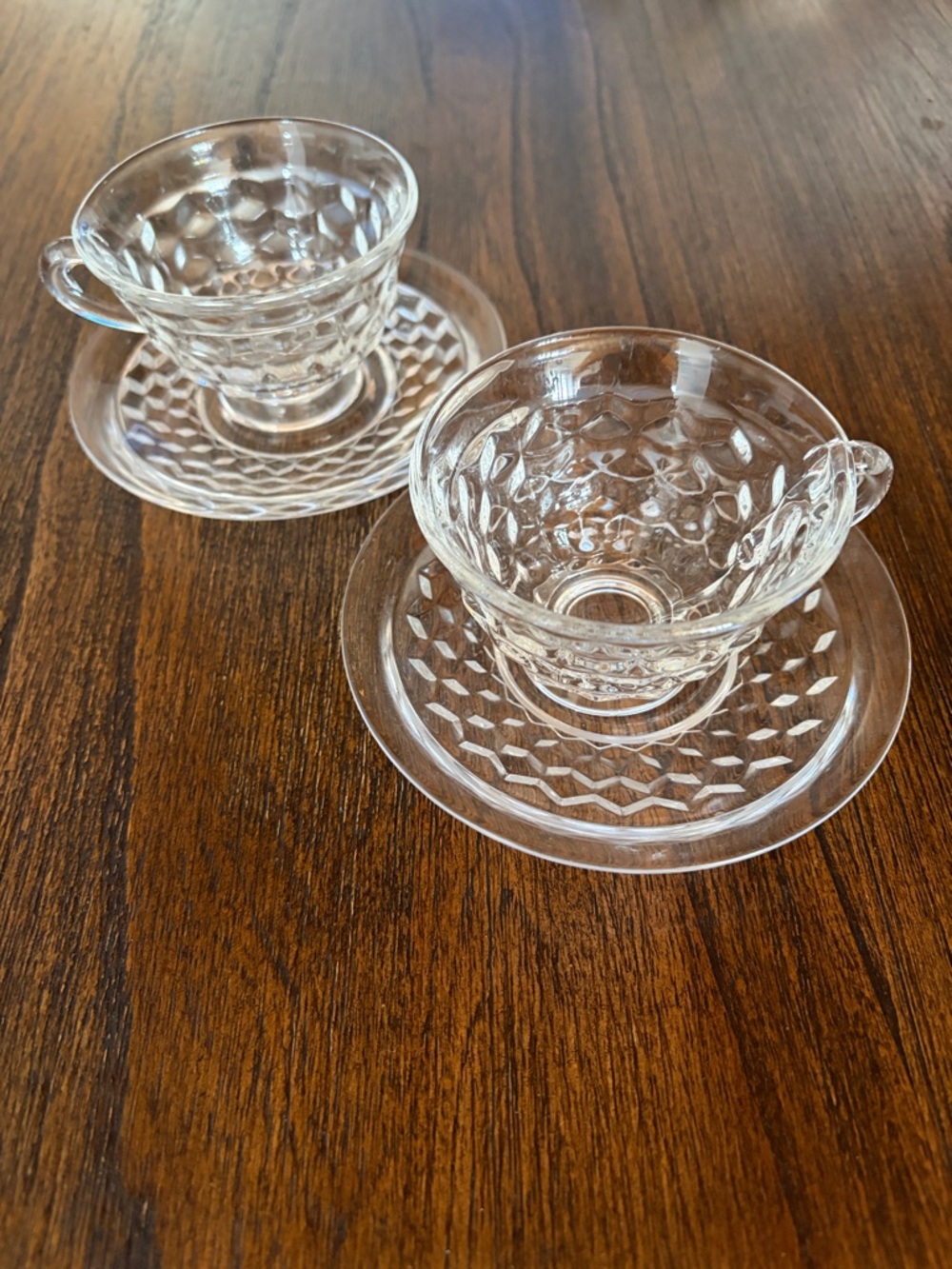 Elegant Vintage MCM Fostoria American TEA FOR TWO Glass Teacups w/Saucers XLNT